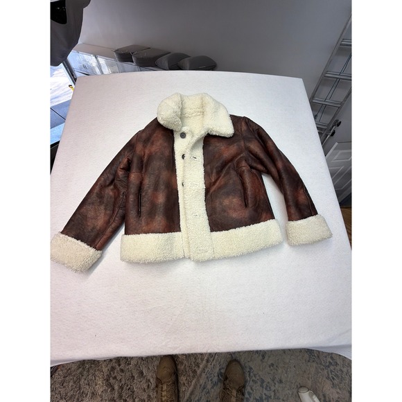 Apparis Reversible Faux Leather Shearling Aviator Jacket Brown Cream Biker Coat - Picture 4 of 7